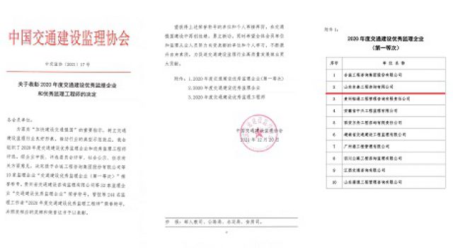 喜訊！公司獲批中國交通建設(shè)監(jiān)理協(xié)會第一等次優(yōu)秀監(jiān)理企業(yè)